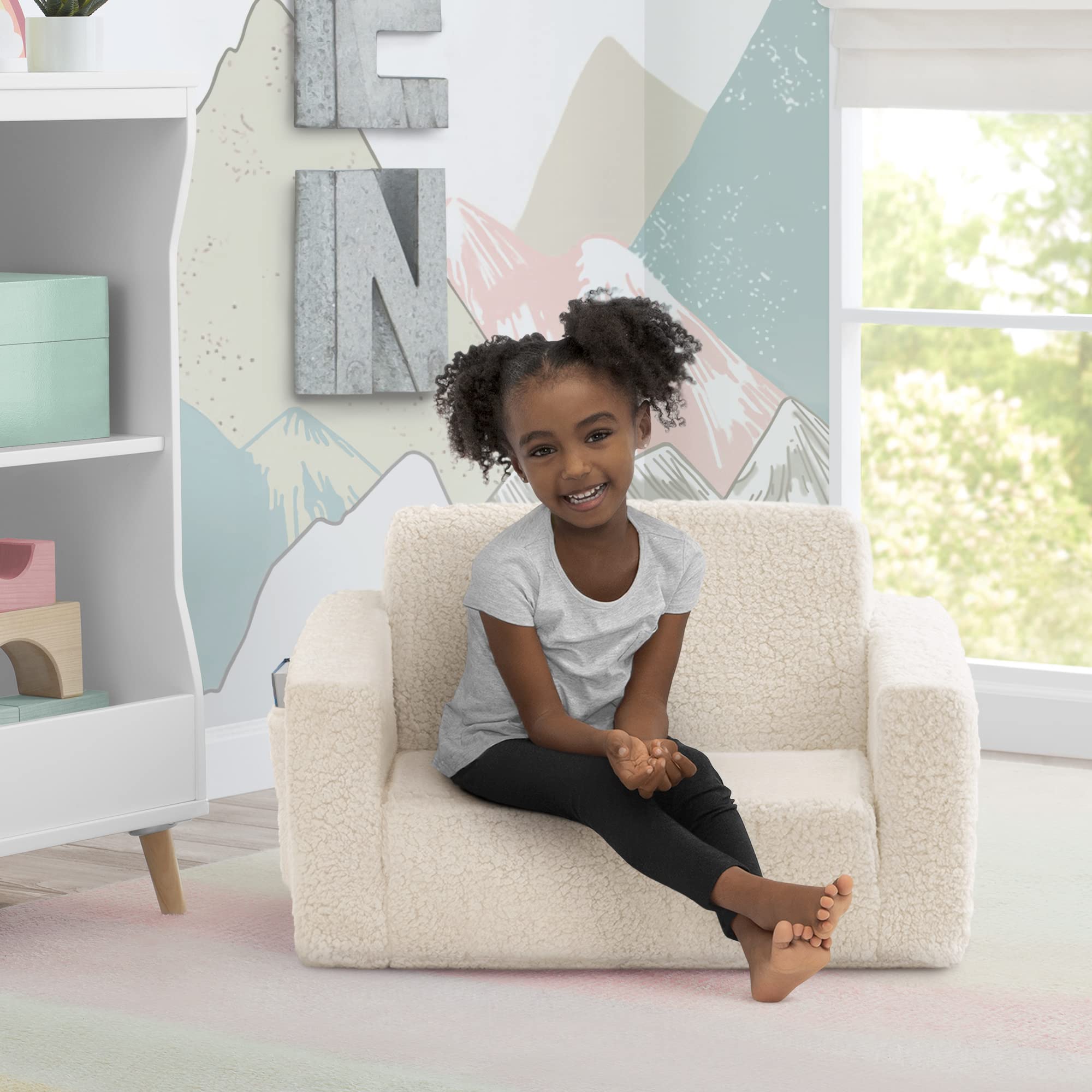 Delta Children Cozee Flip-Out Sherpa 2-In-1 Convertible Chair To Lounger For Kids, Cream